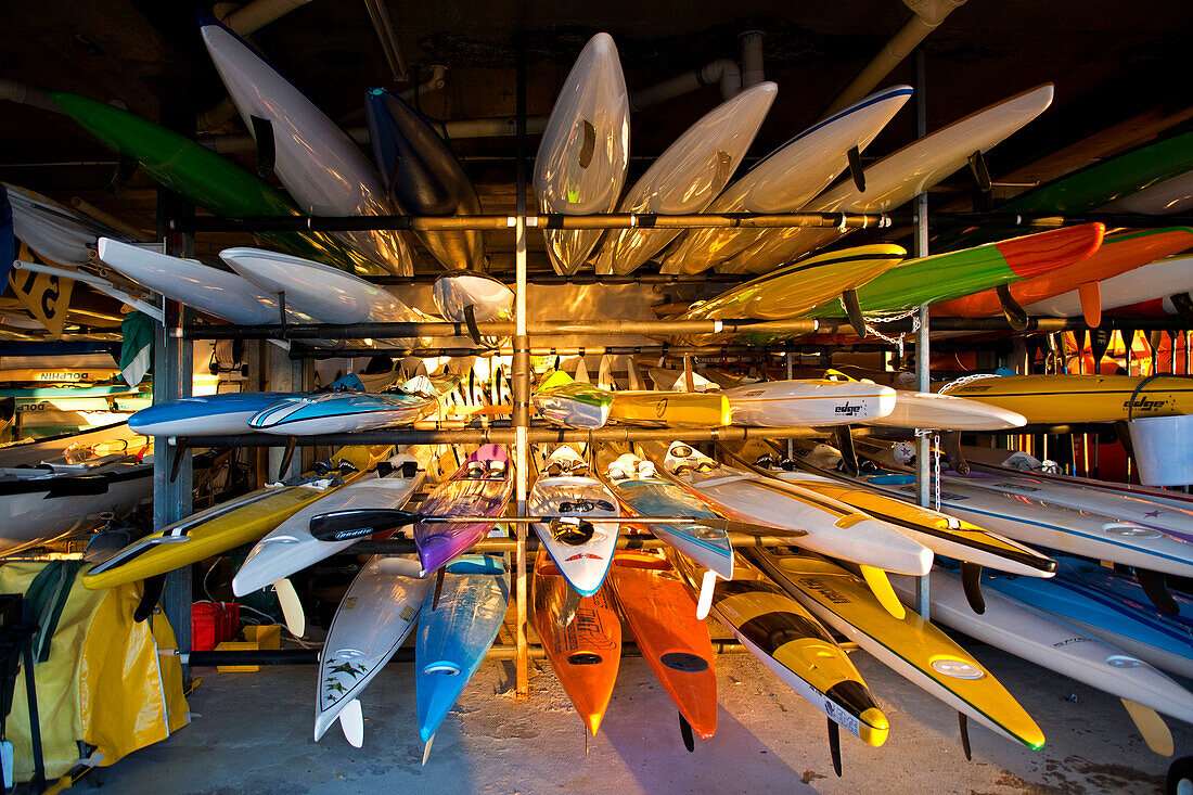 Sea kayaks are stores in the Pavillion at Cottesloe Beach