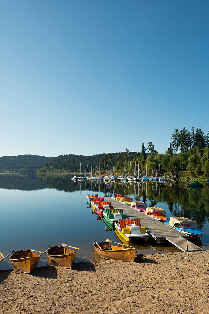 Morning atmosphere with rowing boats, lake Schluchsee, Black Forest, Baden-Wuerttemberg, Germany