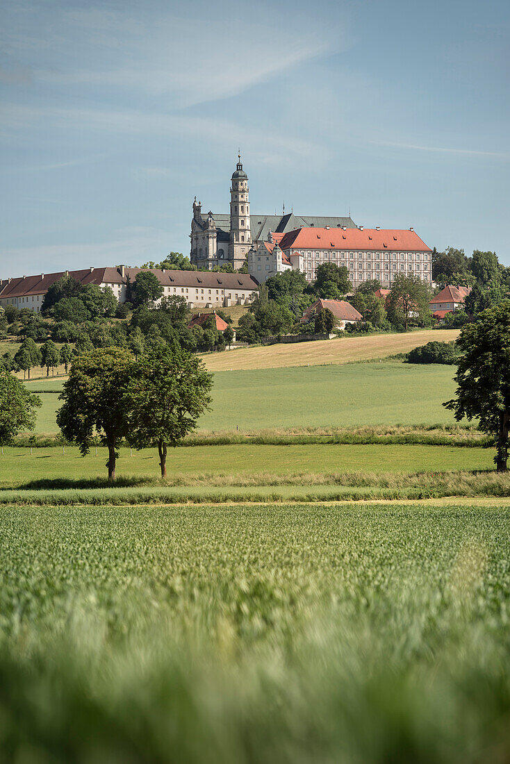 view at Benedictine abbey at the so called Haertsfeld, Neresheim monastry, Ostalb district, Swabian Alb, Baden-Wuerttemberg, Germany