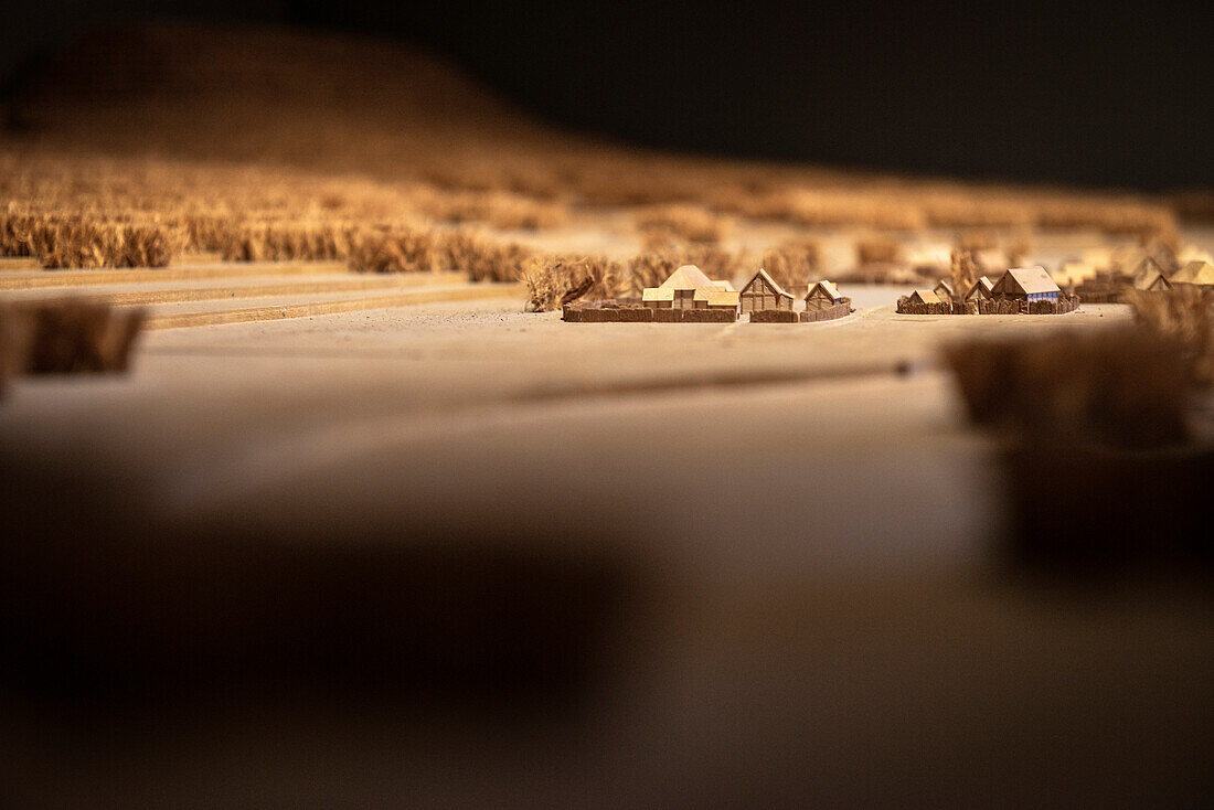 modell made of wood of typical settlement of Alemanni people at AlemanniMuseum, Ellwangen, Ostalb district, Swabian Alb, Baden-Wuerttemberg, Germany