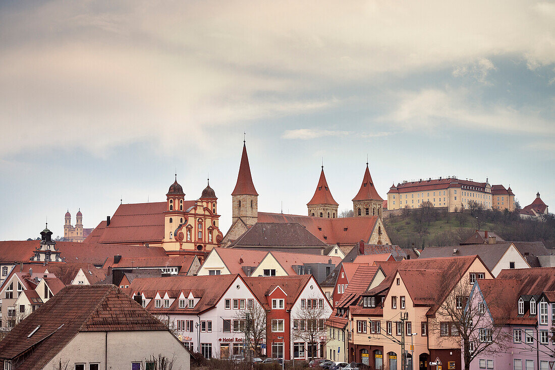 churches and castle of old town of Ellwangen, Ostalb district, Swabian Alb, Baden-Wuerttemberg, Germany