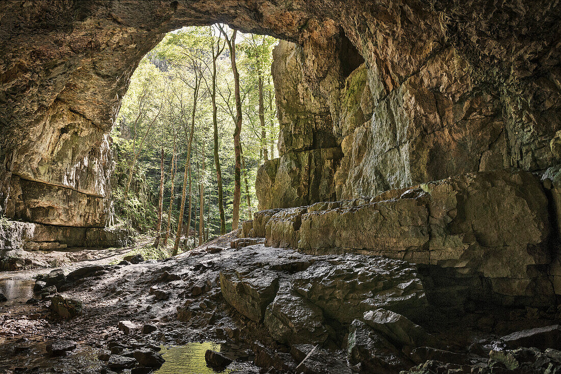die Finkensteiner Höhle bei Bad Urach, Landkreis Reutlingen, Schwäbische Alb, Baden-Württemberg, Deutschland