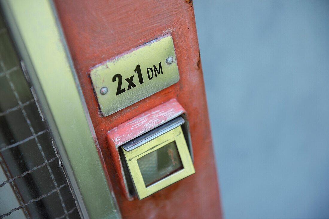 historical vending machine where to put in the D-mark, open air museum in Neuhausen ob Eck, Tuttlingen district, Swabian Alb, Baden-Wuerttemberg, Germany