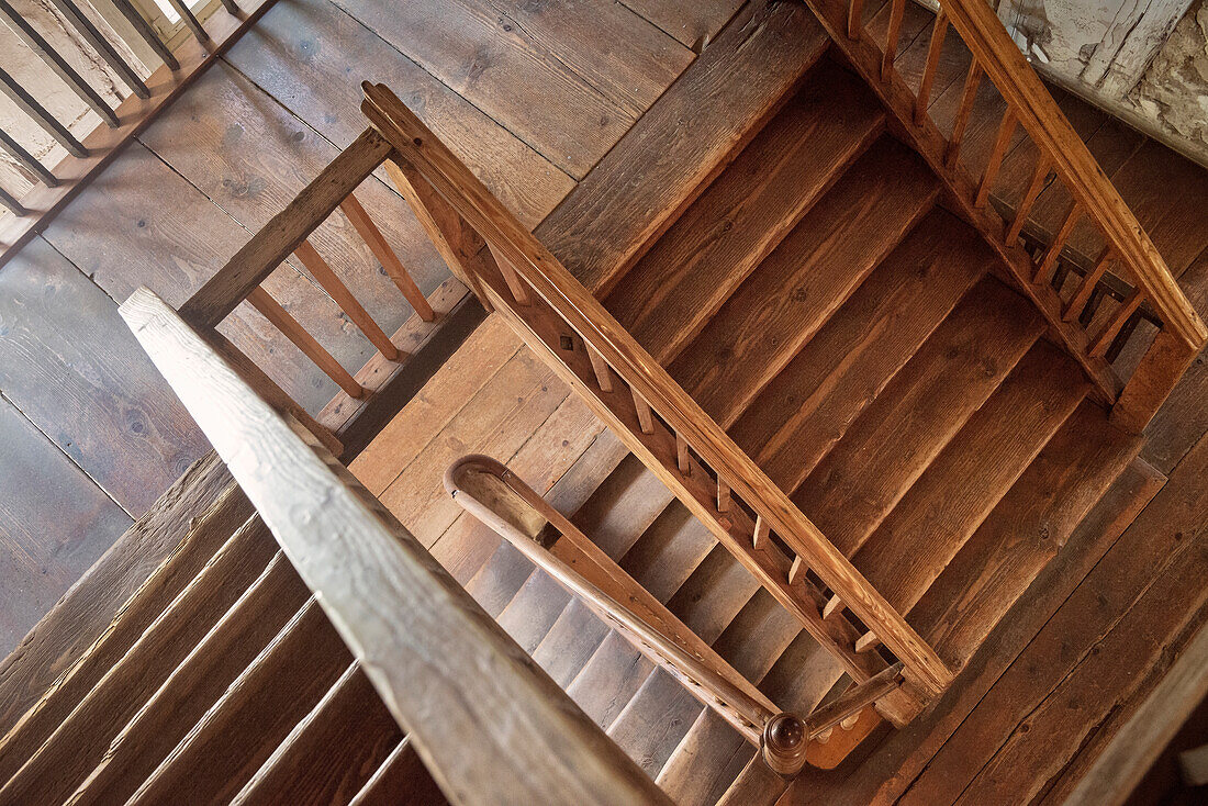 wooden staircase at open air museum in Neuhausen ob Eck, Tuttlingen district, Swabian Alb, Baden-Wuerttemberg, Germany