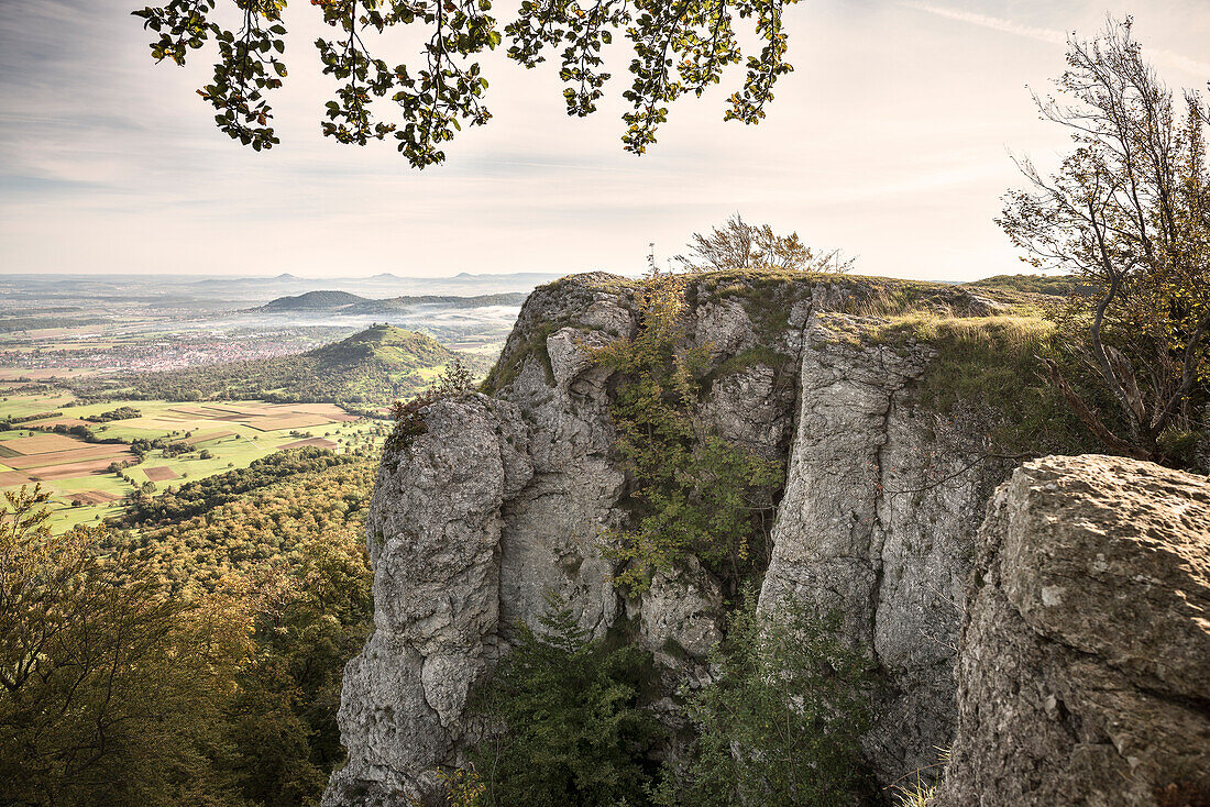 view at the so called Limburg that is a former volcano and the Three Emperor Mountains, Weilheim at the Teck, Esslingen district, Swabian Alb, Baden-Wuerttemberg, Germany