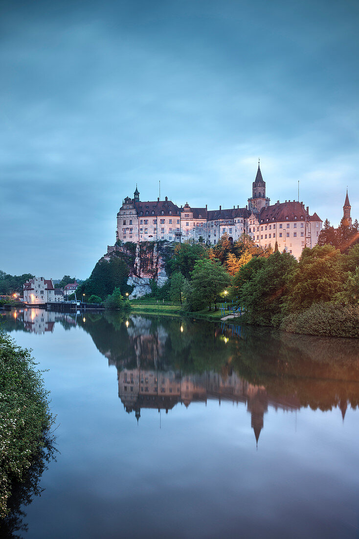 Sigmaringen Castle located is located on a huge rock next to the Danube river, Sigmaringen district, Upper Danube Valley, Swabian Alb, Baden-Wuerttemberg, Germany