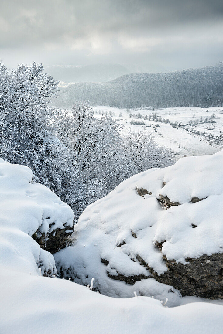 winterliche Alb Landschaft bei Kirchheim unter Teck, Landkreis Esslingen, Schwäbische Alb, Baden-Württemberg, Deutschland