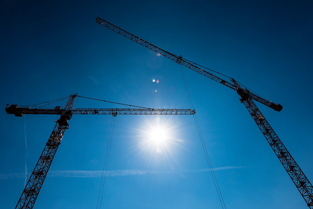 Construction cranes in the growing district harbour city in the back light, Hamburg, Germany