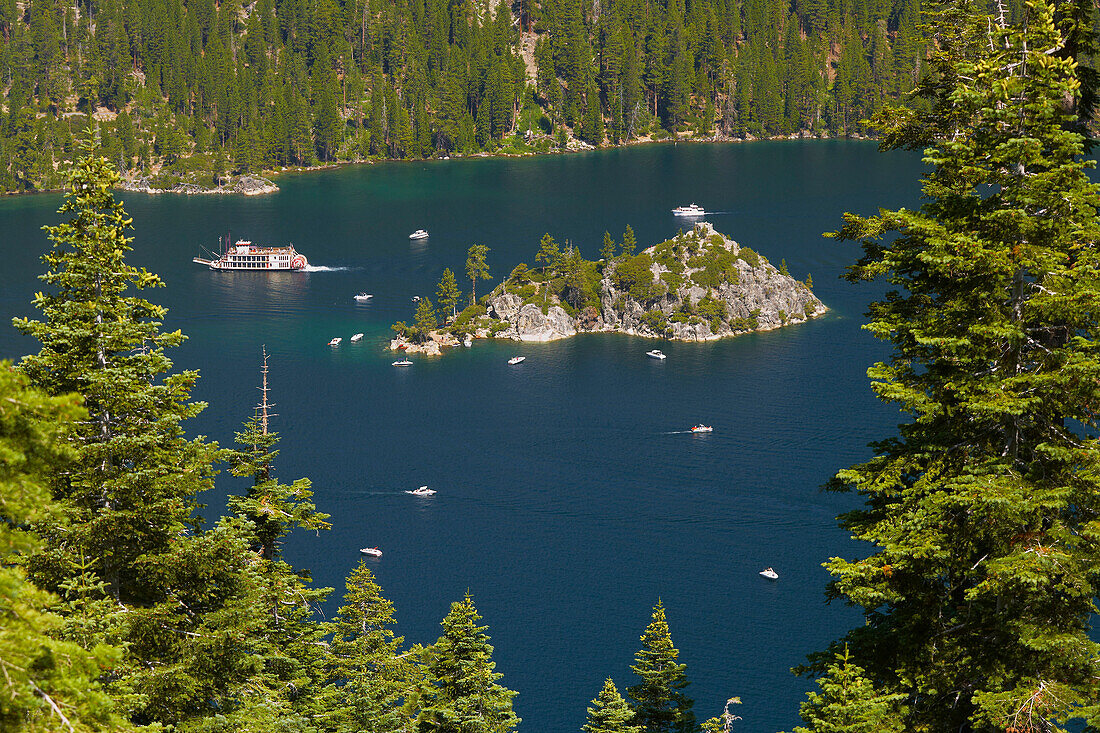 Lake Tahoe , Sternwheeler , Emerald Bay and Fannette Island , California , U.S.A. , America