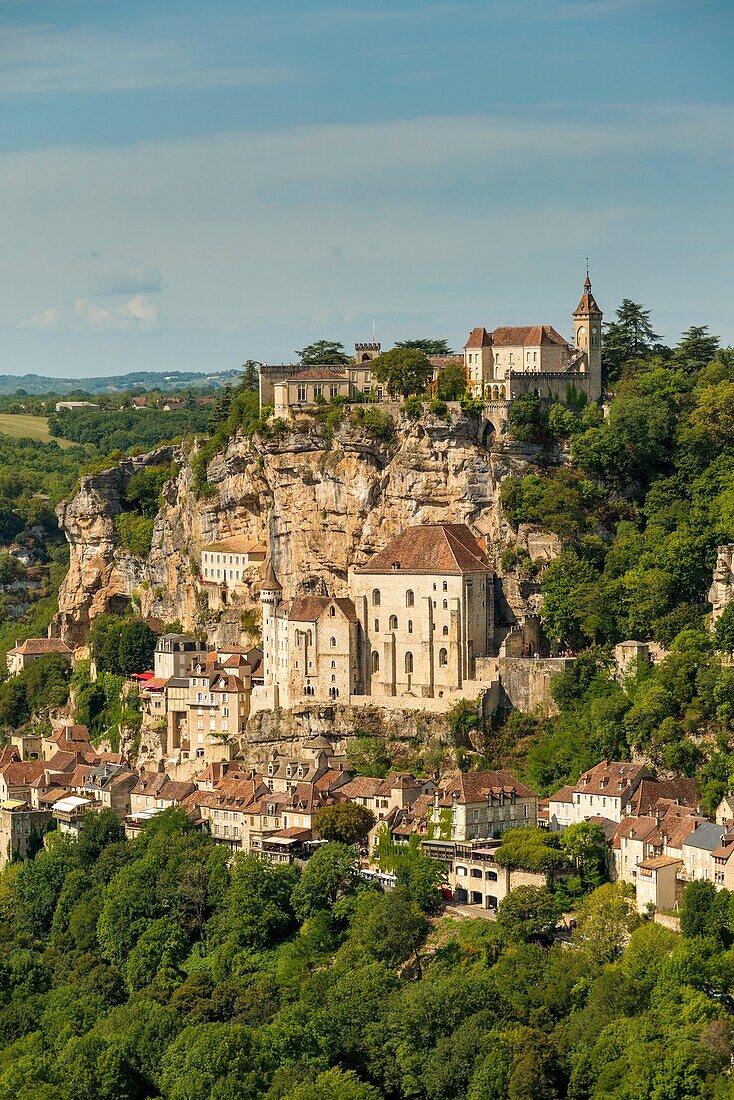 France, Midi-Pyrénées, Rocamadour. A small village built on a cliff face. It is known for the Cité Réligieuse buildings, accessed via the Grand Escalier staircase. It includes the Chapelle Notre-Dame, and the Romanesque-Gothic Basilique Saint-Sauveur.