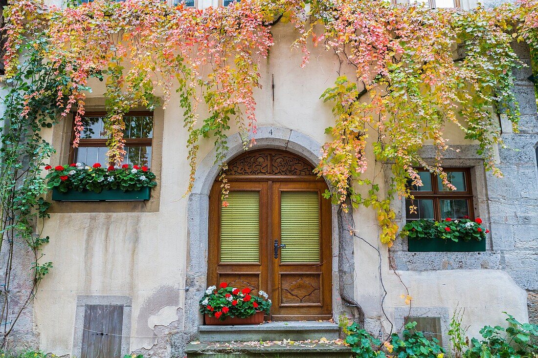 Beautiful decorated entrance in Rothenburg ob der Tauber, Bavaria, Germany, Europe