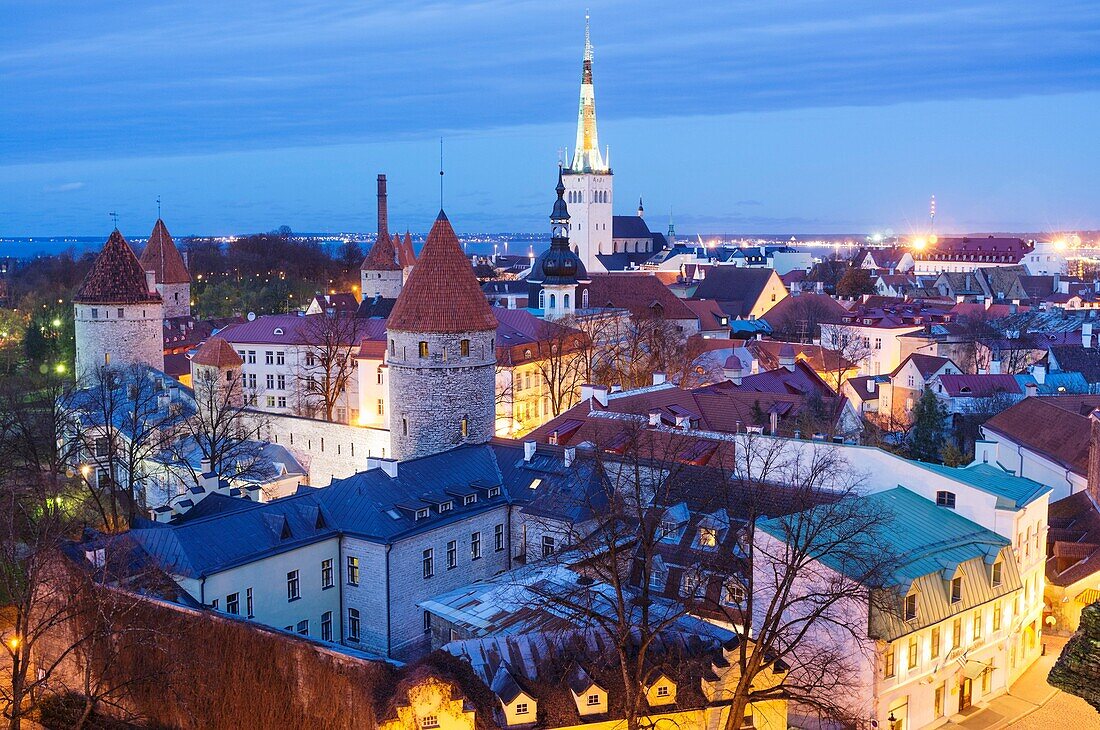 Tallinn old town overview lighted at dusk. Tallinn, Estonia.