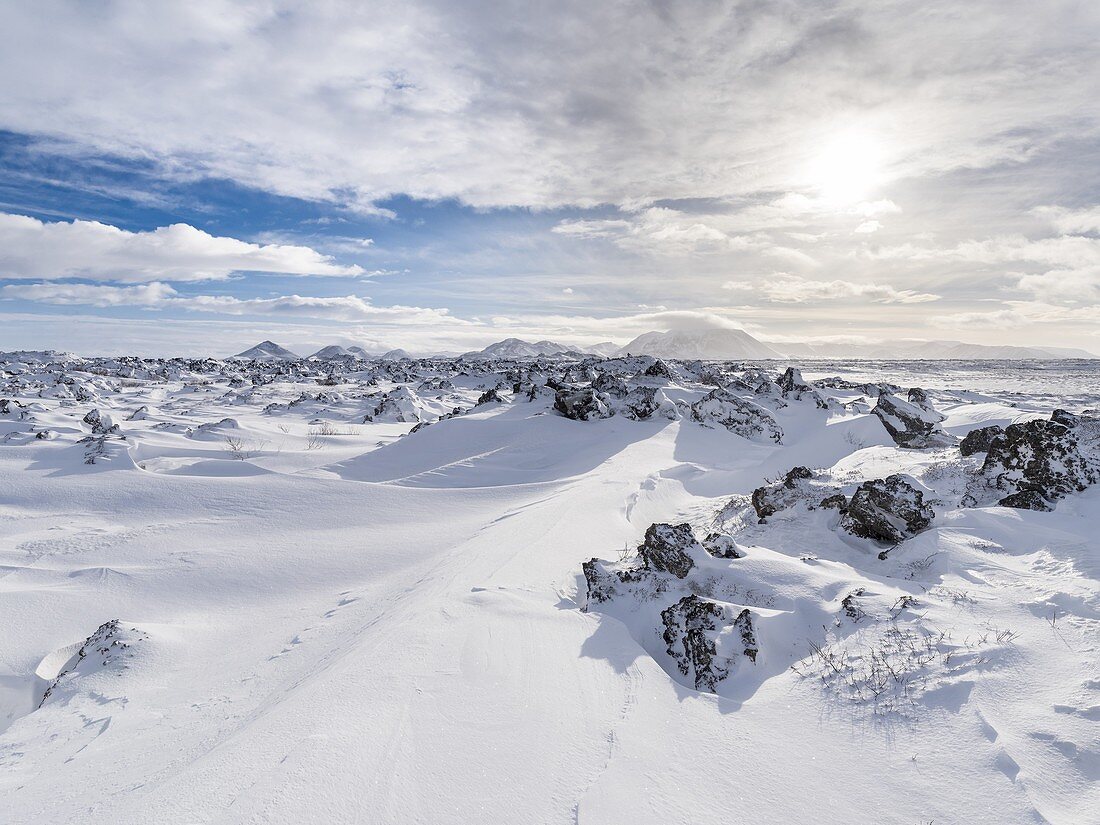 Field of lava in the highland of Iceland during winter close to lake Myvatn. europe, northern europe, iceland, February.