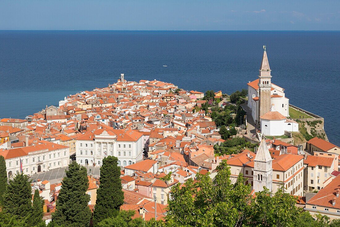 Piran, Primorska, Slovenia. Overeall view of the town and of St. George´s cathedral from the Town Walls.