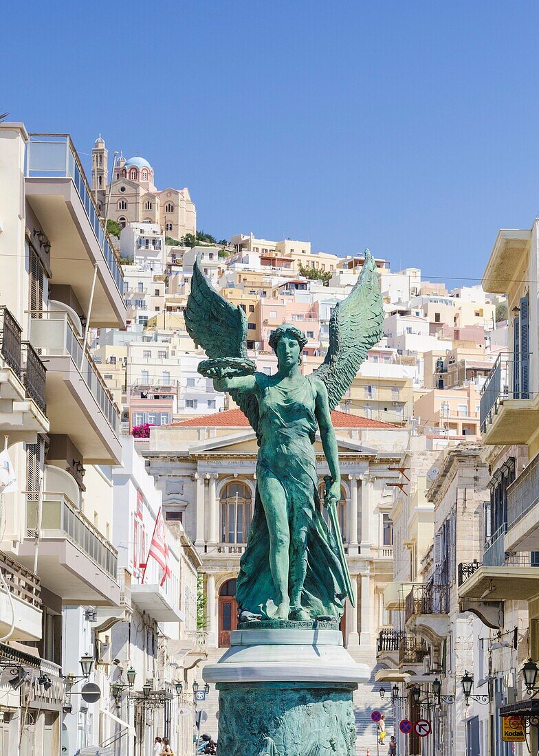 Victory statue in honour of the National Resistance in Ermoupoli town, Syros Island, Cyclades, Greece.