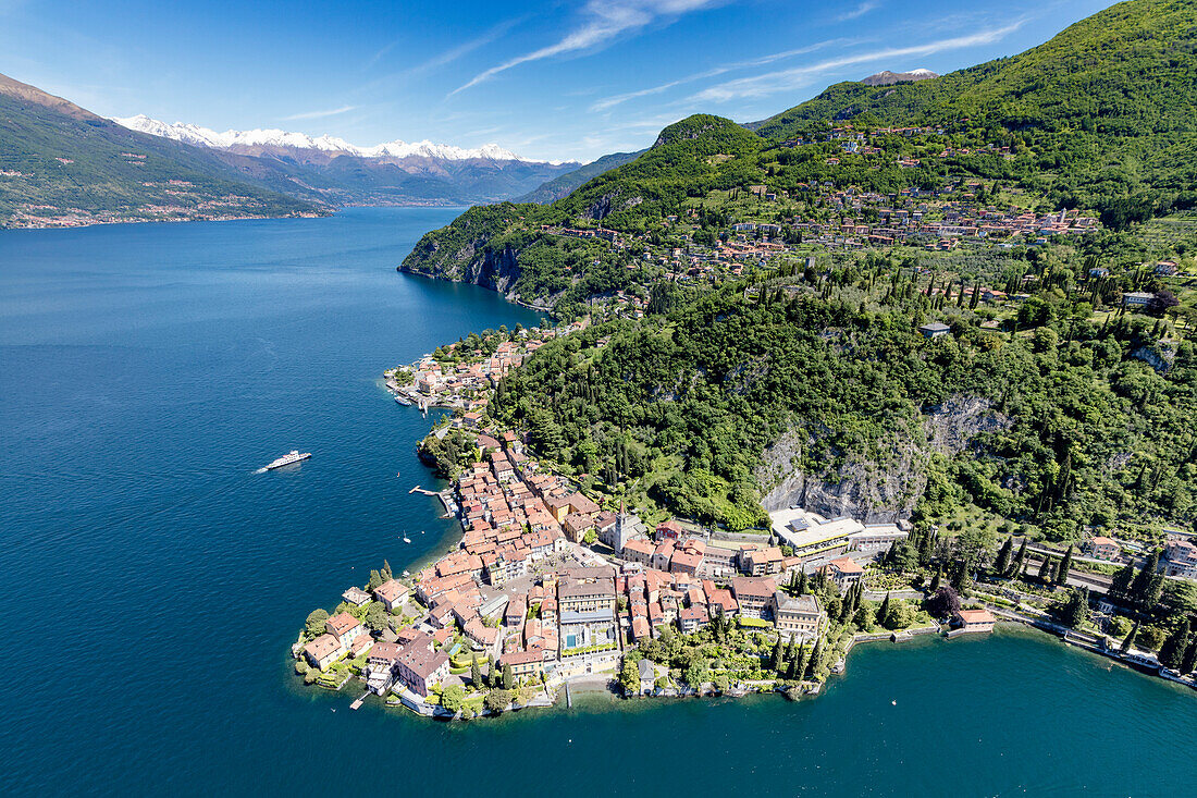 Aerial view of the picturesque village of Varenna surrounded by Lake Como and gardens, Lecco Province, Italian Lakes, Lombardy, Italy, Europe