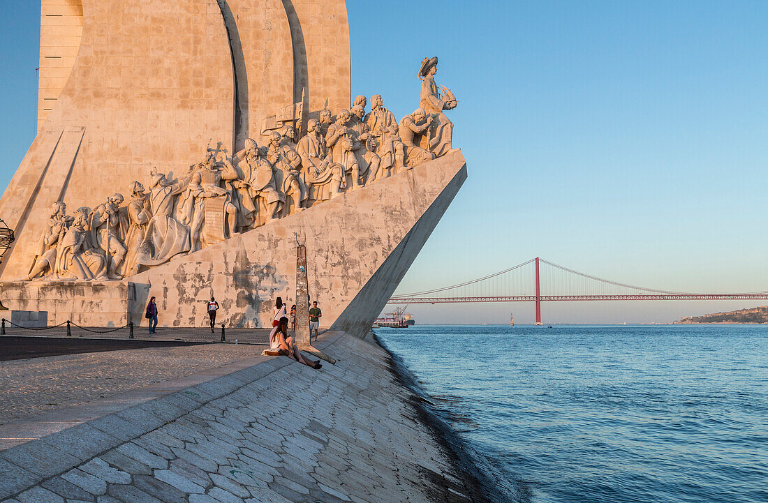 Sunset on the Padrao dos Descobrimentos (Monument to the Discoveries) by the Tagus River, Belem, Lisbon, Portugal, Europe