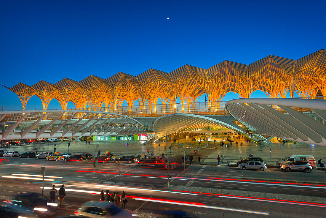 Oriente train station at the blue hour, Parque das Nacoes, Lisbon, Portugal, Europe