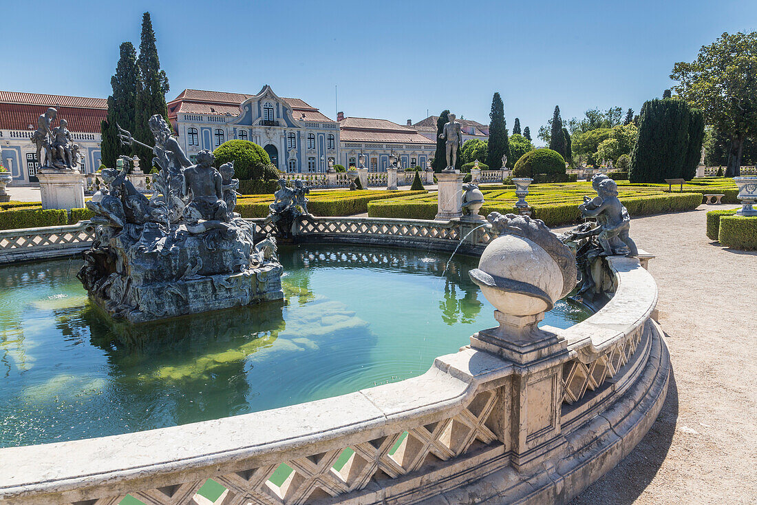 Fountains and ornamental statues in the gardens of the royal residence of Palacio de Queluz, Lisbon, Portugal, Europe