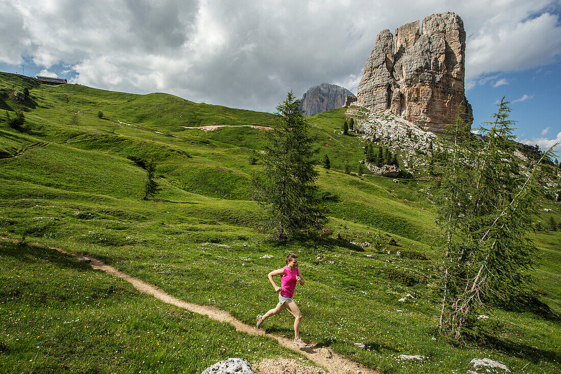 Runner pushes it around the Cinque Torre in the famous and beautiful Dolomites