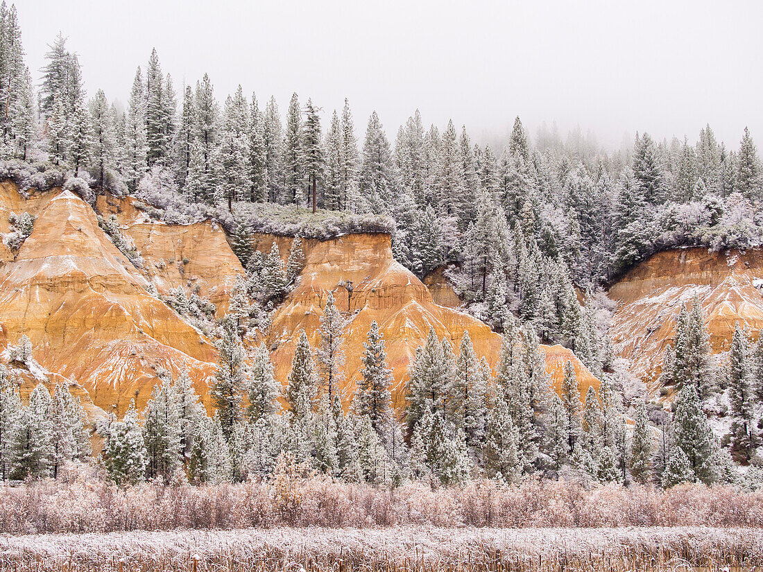 Historic California Gold Rush Hydraulic mine at Malicof Diggins State Park in winter