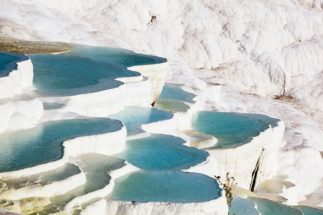 'Hot springs and travertines, terraces of carbonate minerals left by the flowing water; Pamukkale, Turkey'
