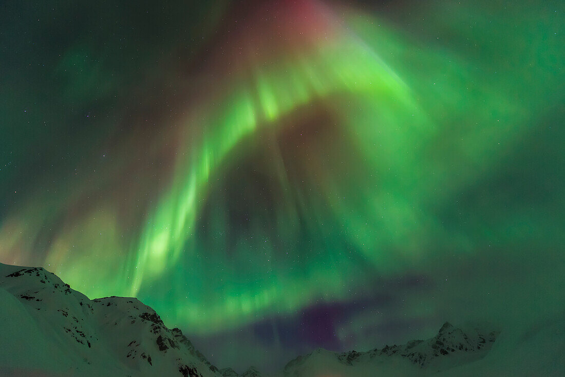 The aurora borealis towers over the Talkeetna Mountains in Hatcher Pass State Recreation Area, Alaska.