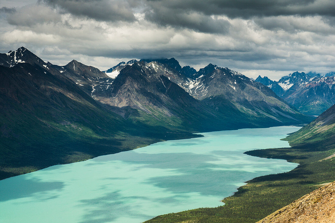 View of upper Twin Lake from a mountain ridge within Lake Clark National Park & Preserve, Alaska.
