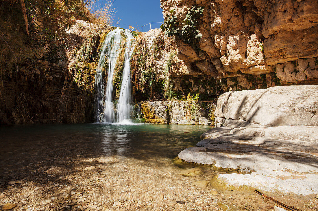 'David and his men stayed in Ein Gedi and certainly enjoyed the fresh water falling from the Desert plateau above. There are several waterfalls of differing sizes that make there way down to the Dead Sea below; Ein Gedi, Israel'