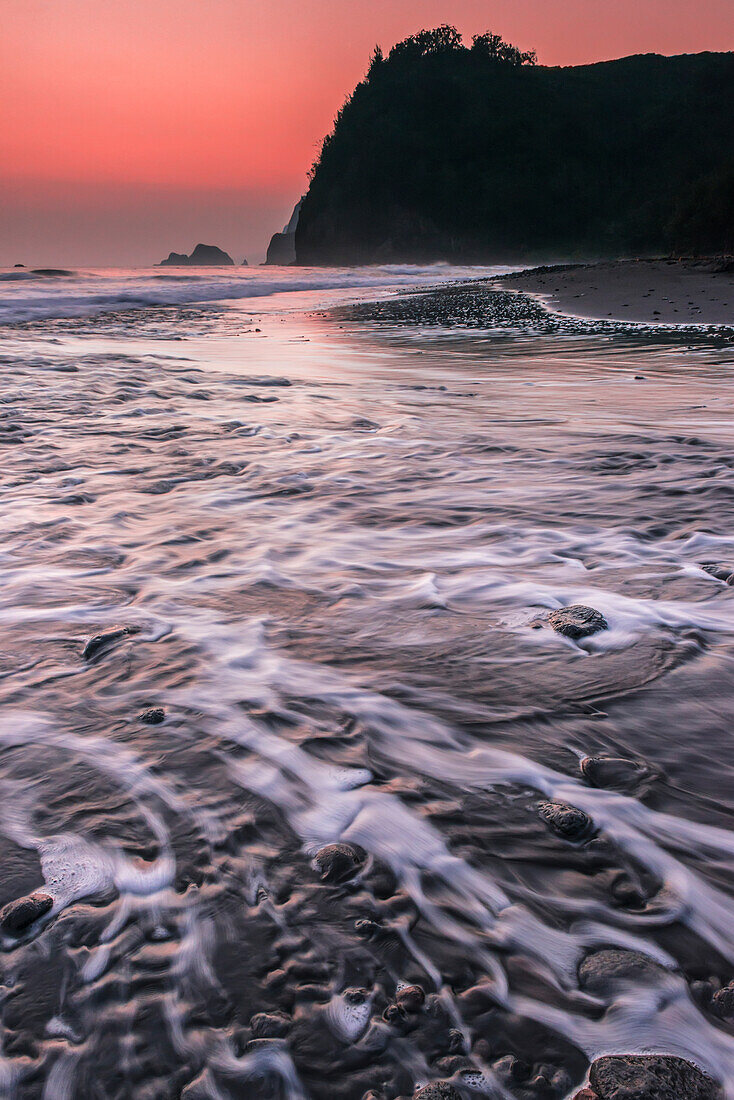 'Surf and dawn light at Pololu Valley; Island of Hawaii, Hawaii, United States of America'