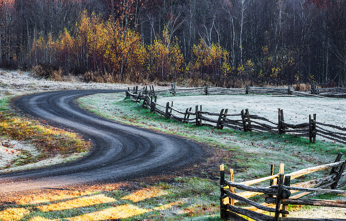 'Wooden rail fence in a frost covered grass field with trees in autumn colours and a winding road; Iron Hill, Quebec, Canada'