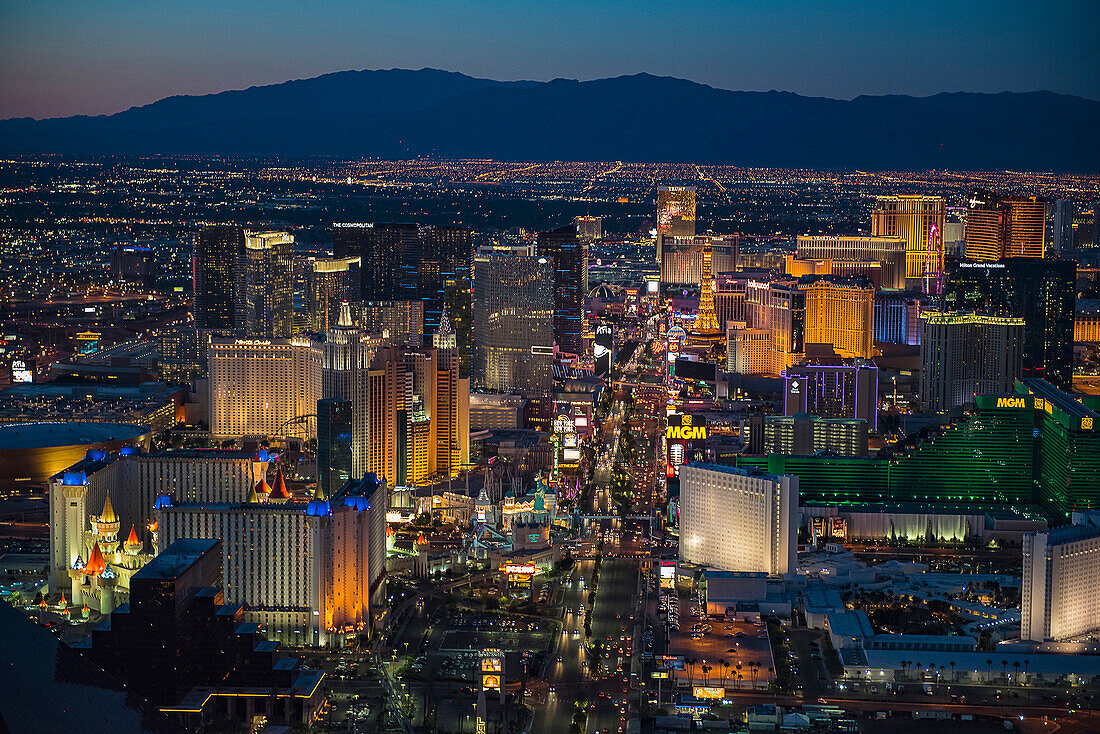 Aerial view of illuminated cityscape, Las Vegas, Nevada, United States