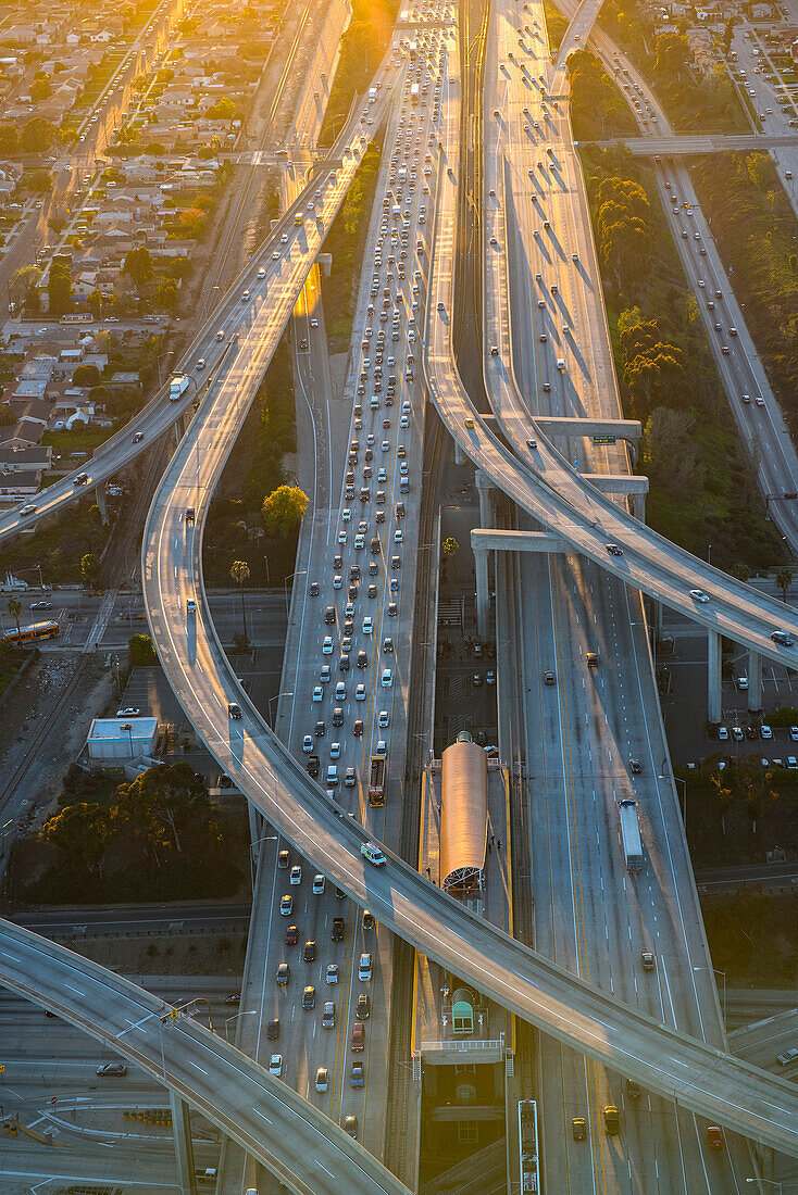 Aerial view of highway interchange in cityscape