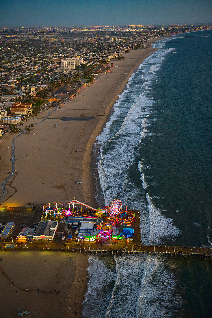 Aerial view of Santa Monica Pier in Los Angeles cityscape, California, United States