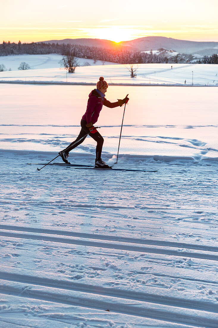 Women skiing over a snow covered field at sunset, tracks in the snow, Harz, MR, Sankt Andreasberg, Lower Saxony, Germany