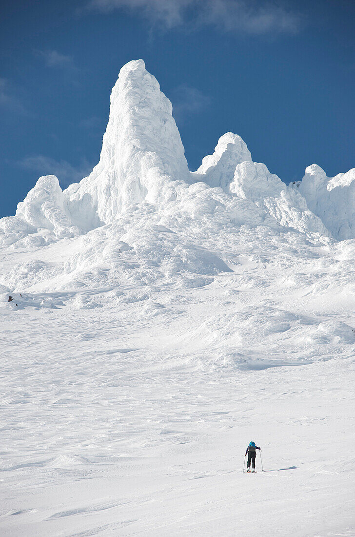 Skiers ascend the Northeast flanks of  Mt Augustine, a 4,025-foot high active volcano on Augustine Island in Cook Inlet, Alaska. Spires of volcanic rock and covered in rime ice tower above the skiers. The lava dome volcano is part of the Ring of Fire and 