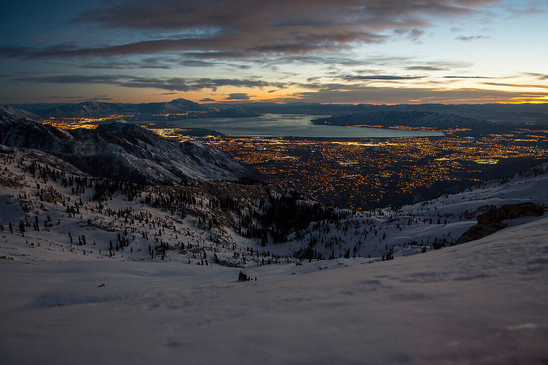 Sunset above Provo and Utah Lake from the top of Hogum Fork,  Lone Peak Wilderness, Uinta-Wasatch-Cache National Forest, Salt Lake City, Utah