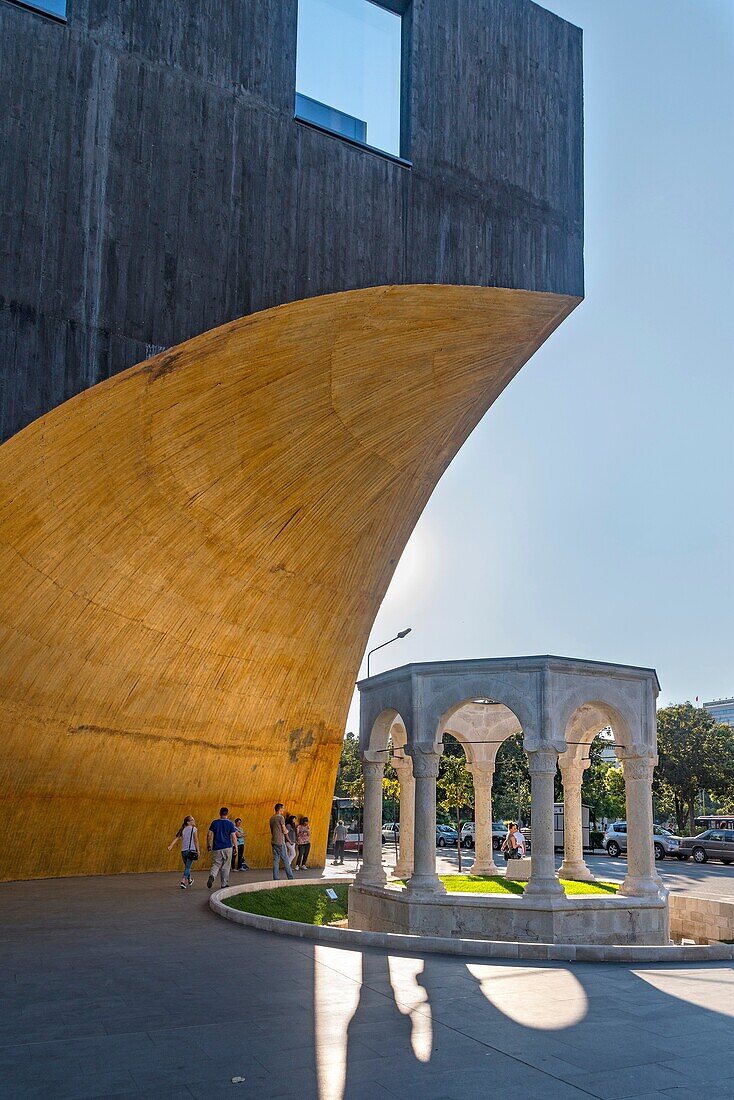 The tomb of Kaplan Pasha, 1817, incorporated into the corner of the new TID tower on Skanderbeg Square, Tirana, Albania,.