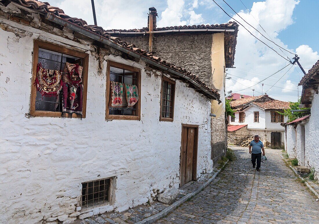 Stone houses and cobbled streets in the old quarter of Korca, South eastern Albania.