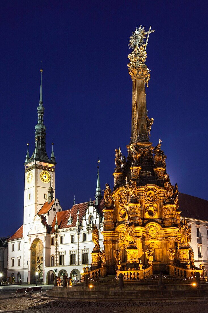 Holy Trinity Column and Town Hall at night. Olomouc, Moravia, Czech Republic.