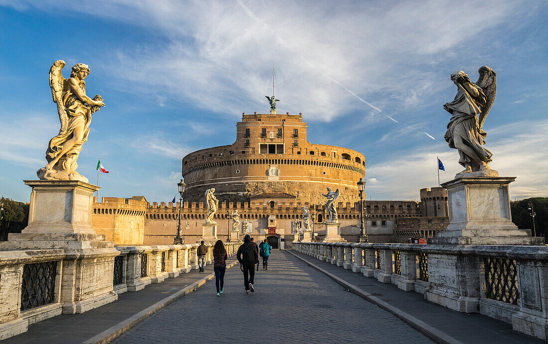 St. Angelo Bridge, Rome, Lazio. The Mausoleum of Hadrian or Castel Sant Angelo at dawn, Italy.