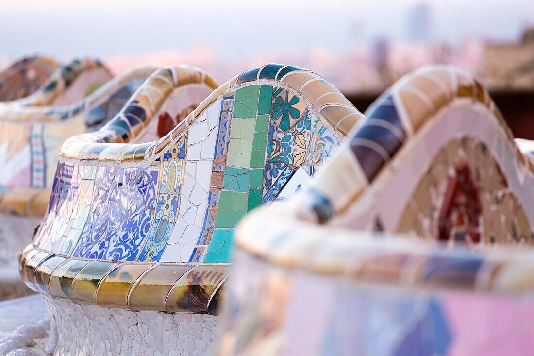 Barcelona, Park Guell, Spain. details of the modernism park designed by Antonio Gaudi.