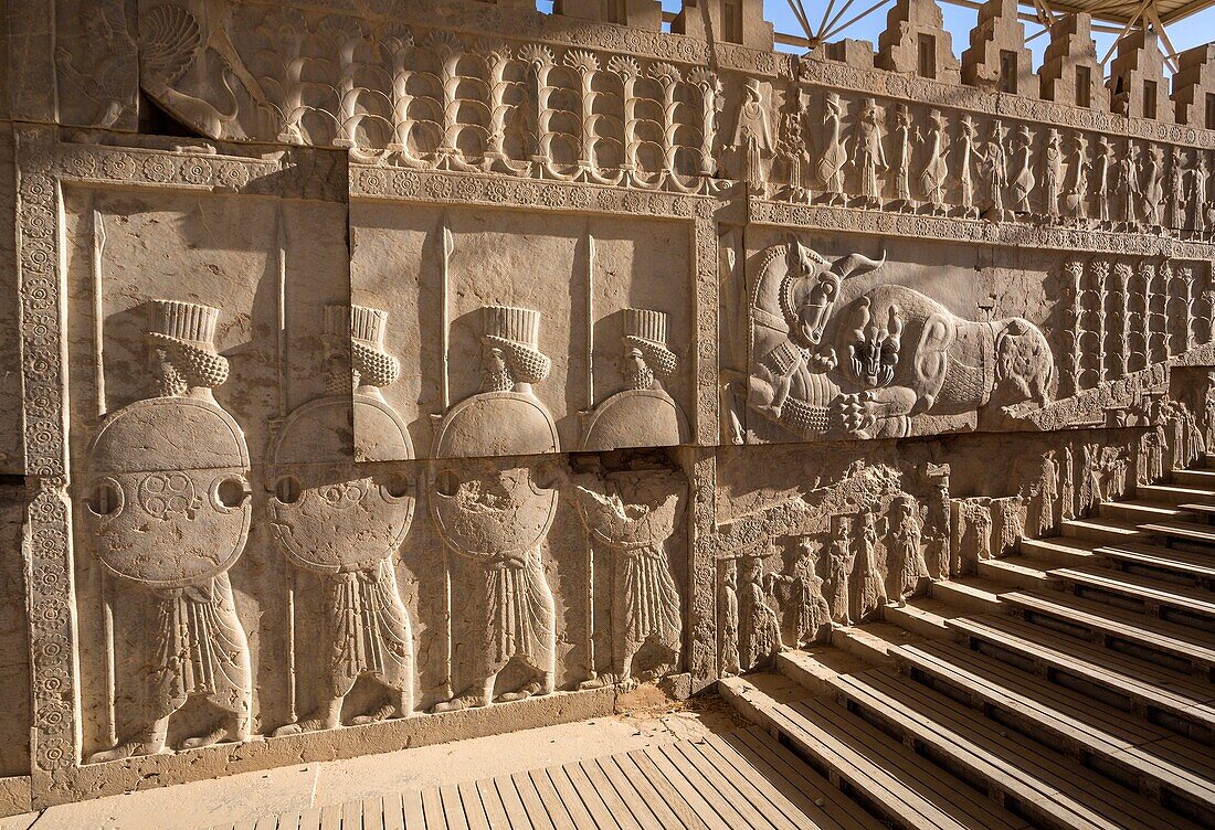 Iran, Persepolis City, Ruins of Persepolis,Relief at the Apadana Staircase, Apadana Palace.
