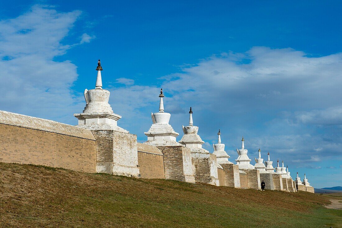 A wall with stupas is surrounding the Erdene Zuu monastery in Kharakhorum (Karakorum), Mongolia.