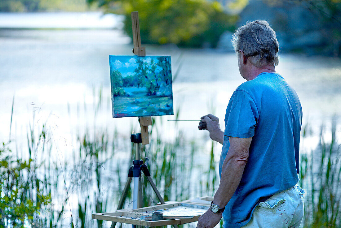 Man, painting, landscape, waterscape