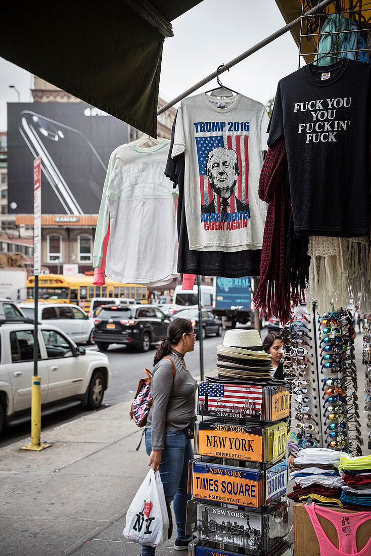 souvenir shop in Chinatown with shirt of Donald Trump, Manhattan, New York City, USA, United States of America