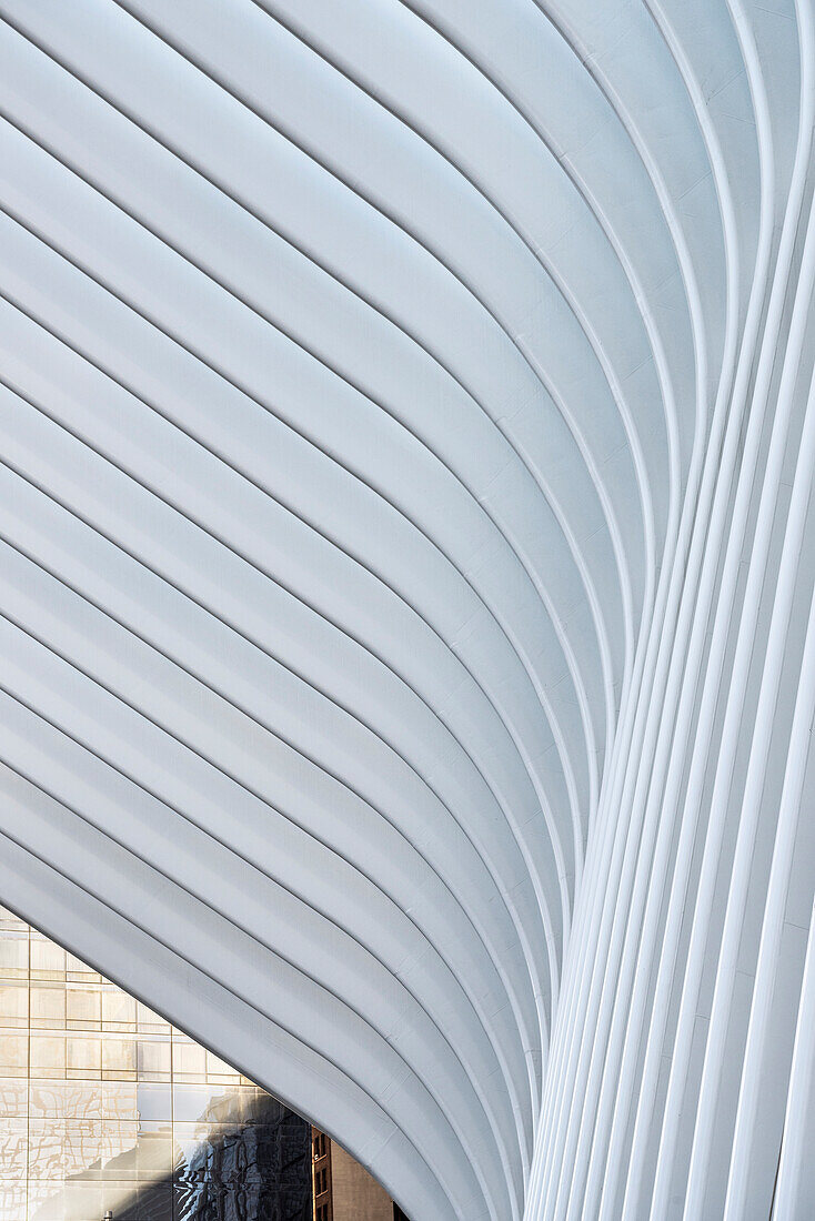elements in detail of the Oculus which is a futuristic train station by famous architect Santiago Calatrava next to WTC Memorial, Manhattan, New York City, USA, United States of America
