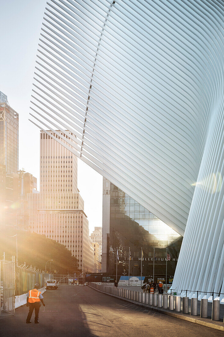 security in front of the Oculus is a futuristic train station by famous architect Santiago Calatrava next to WTC Memorial, Manhattan, New York City, USA, United States of America