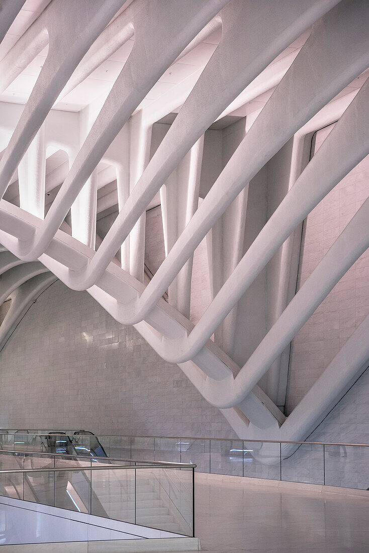 the Oculus, entrance to trains, futuristic train station by famous architect Santiago Calatrava next to WTC Memorial, Manhattan, New York City, USA, United States of America