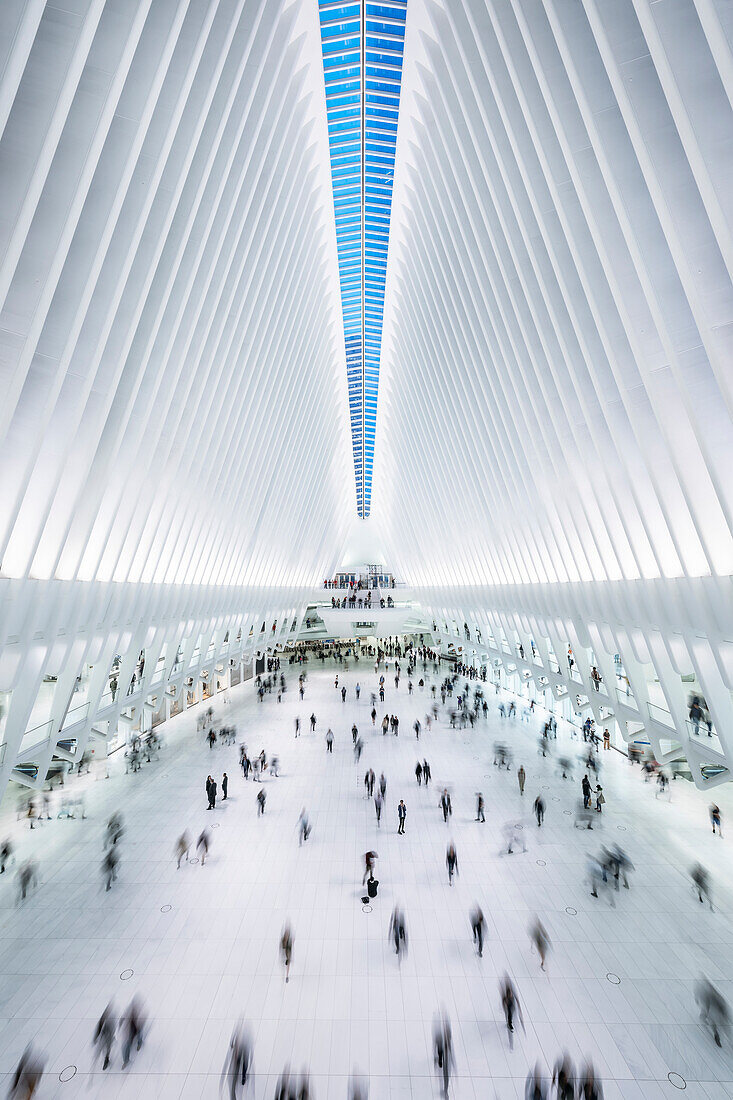 the Oculus, view down at passengers, futuristic train station by famous architect Santiago Calatrava next to WTC Memorial, Manhattan, New York City, USA, United States of America